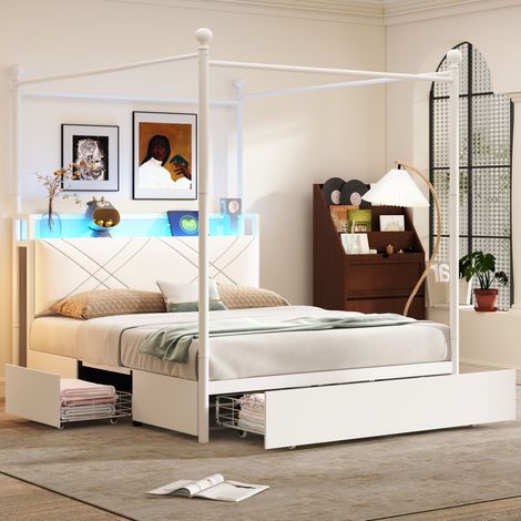 Bett multifunktional 140x190 cm Weiß aus Metall mit Baldachin, gepolstertem Kopfteil, LED und USB/Type-C (1/5)