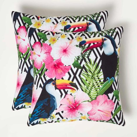 HOMESCAPES Gartenkissen Tukan mit Blumen – 2er-Set Outdoor Kissen 45 x 45 cm