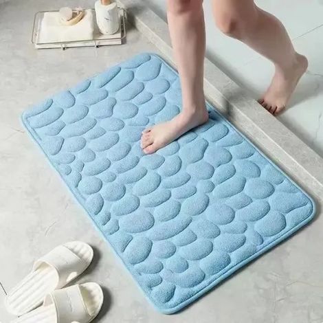 Tapis de bain antidérapant et absorbant, bleu clair, motif galets en relief (1/5)