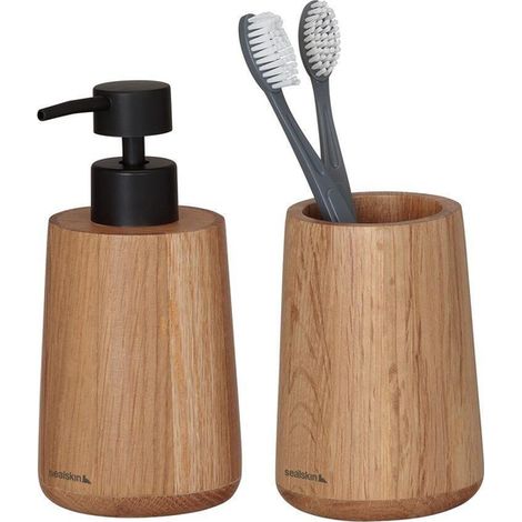 Sealskin Terre Ensemble de salle de bain - Distributeur de savon 150 ml - Gobelet à brosse à dents - Chêne (1/5)