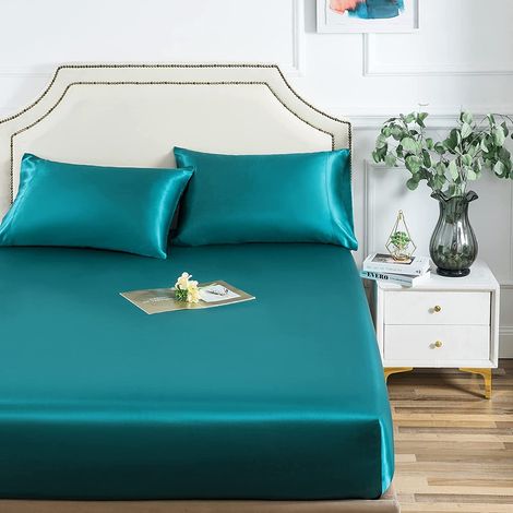 Damier Drap-housse en satin 200x200cm Turquoise Vert Soie Brillant Drap-housse en satin, adapté pour les matelas jusqu'à 25cm (1/5)