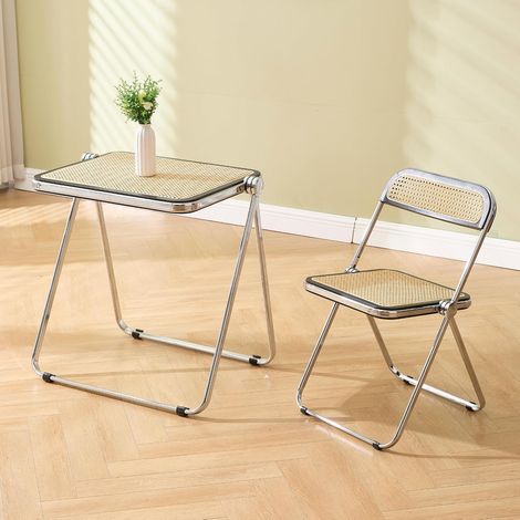 Wahson Esstisch und Stuhl Set, Conjunto de sillas plegables de comedor, Sillas de comedor de mimbre, Mesa auxiliar con patas metálicas, Color madera natural (1/5)