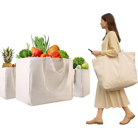 1 sac fourre-tout en toile de coton biologique - Robuste, avec de multiples poches et porte-bouteilles, double poignée, pliable et lavable. Idéal pour faire les courses, aller au marché, pique-niquer  (1/5)