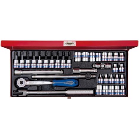 Coffret douilles 3/8' 34 pièces – Douilles 6 pans et TORX® – Cliquet avec angle de reprise 5° – Coffret métallique durable – King Tony