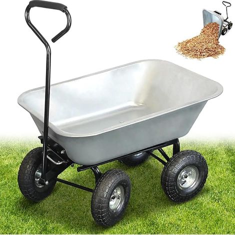 Garden Hand Trolley 75L - Wheelbarrow Trailer with 4 Inflatable Wheels - Tipper - Max Load Capacity 250 kg - Long Handle - 86 x 60.5 cm - Galvanised Metal (1/5)
