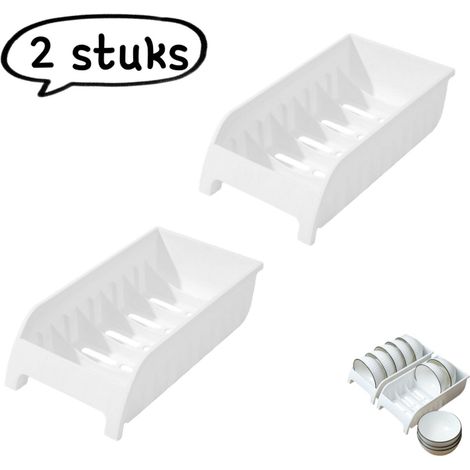 Lot de 2 égouttoirs multifonctionnels pour cuisine avec espaces de rangement pour couverts et assiettes structure horizontale pour évier et plan de travail couleur blanche (1/5)