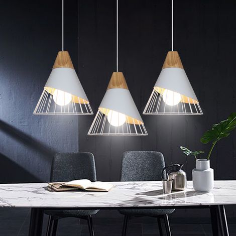 3 Lights Industrial Pendant Ceiling Light in Badminton Shape Ø25cm Chandelier in Metal and Wood E27 Lighting Fixture for Dining Room Living Room Bedroom White (1/5)