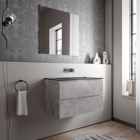 BERNSTEIN - Meuble vasque suspendu salle de bain MDF aspect béton, lavabo fonte minérale Noir mat, sans trou robinet - 80x46x50cm - AVA CREAM Béton, Noir mat sans trou pour robinetterie