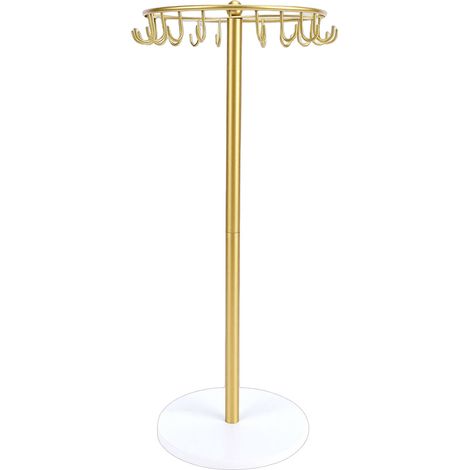Présentoir à colliers en métal avec socle en bois et 22 crochets, organisateur de bijoux, décoration pour femme, couleur or (1/5)