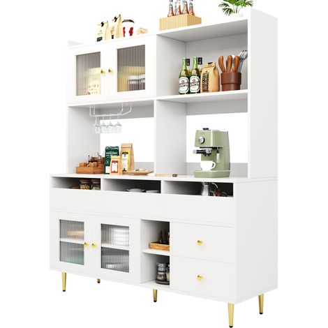 CHICFURN Aparador vitrina 145 x 39 x 171 cm MDF blanco, vidrio estriado y botellero (1/5)