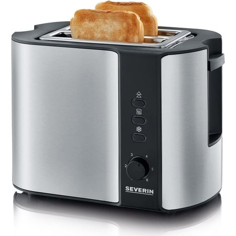 SEVERIN Grille-pain automatique 800 W, Toaster compact 2 fentes jusqu'à 2 tranches, Grille-pain électrique avec réglage du degré de brunissage & fonction décongélation, inox/noir, AT 2589 (1/5)