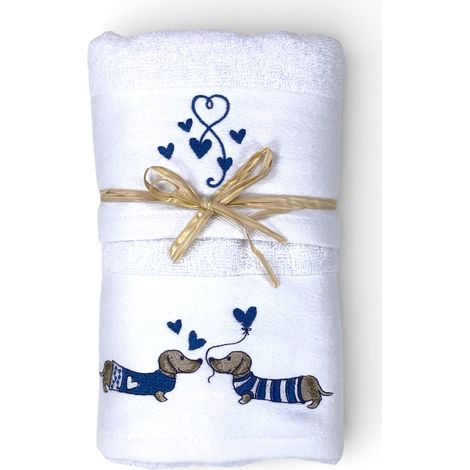 Set Asciugamani Bassotti Blu in Spugna Bianca 100% Cotone   1 Asciugamano 60x110 + 1 Ospite 40x60 Ricamo Cuori   Made in Italy