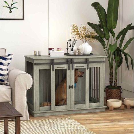 Jaula para perros 120x60x88,5 cm de madera gris, modular para el hogar FloraGrace (1/5)