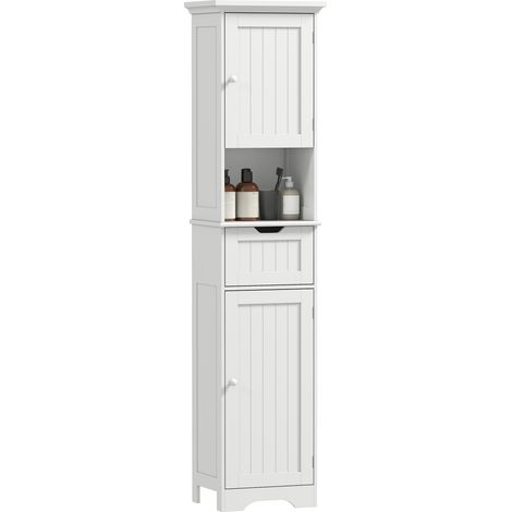 Meuble colonne salle de bain avec éclairage LED, meuble de rangement étroit, tiroir, 2 portes, 40x30x170cm, blanc