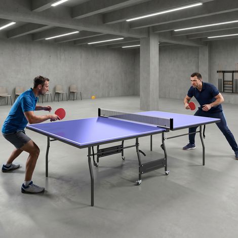 Mesa de Ping-Pong Tamaño Estándar con 4 Ruedas Red 2 Paletas y 3 Pelotas para Interior 274x152,5x76 cm Azul (1/5)