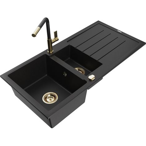 Mexen Andres 1,5-Becken-Granitspüle mit Abtropffläche und Mischbatterie Flora, Schwarz - 6515-77-670 (1/5)