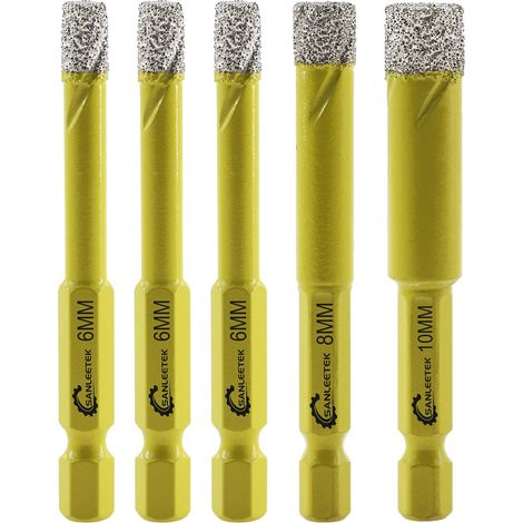 Foret Diamant Sec Set 5 pièces 6/6/6/8/10mm Trépan Diamant avec Queue à Changement Rapide pour Marbre Granit Céramique Porcelaine Carrelage Grès Quartz (1/5)