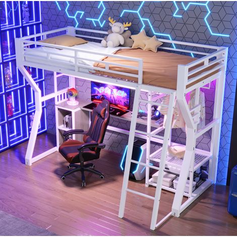 Cama alta moderna 90x200 cm de metal y MDF blanca con escritorio, estantes, perchero, enchufe integrado y luz LED