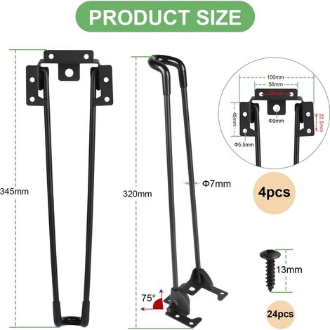 Lot de 4 pieds de Table pliables style épingle à cheveux 32 cm Pieds noirs design épingle, Pieds pour table basse, bureau, table de chevet, ordinateur portable, table de camping ou meubles DIY (1/4)
