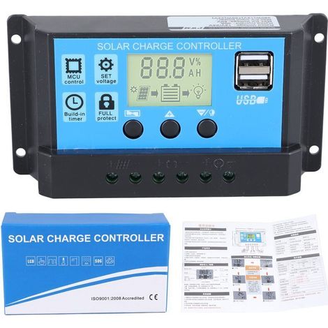 Intelligenter 30A PWM-Solarladeregler, 12V/24V, Regler für Blei-Säure-Batterien, mit LCD-Display und zwei 5V-USB-Anschlüssen