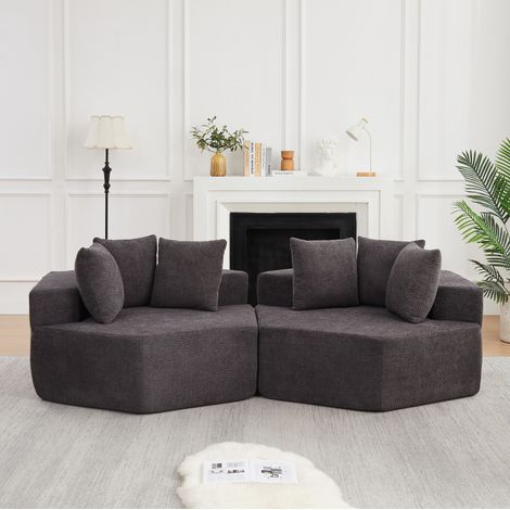 Sillón lounge modular hexagonal 138 x 122 x 76 cm en chenilla gris, 3 cojines DESVIAE (1/5)