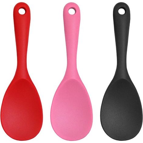 Juego de 3 cucharas de silicona para cocinar - Cuchara negra de cabeza redonda - Utensilio de cocina de mango largo (1/5)