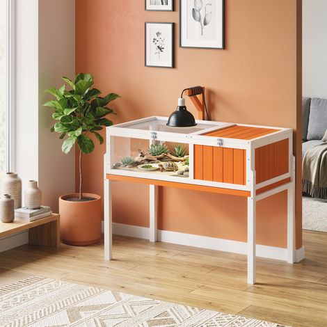 Enclos en bois pour tortues comprenant une maison principale, une fenêtre d'observation et un couvercle, 104 cm x 53 cm x 82 cm, blanc et orange (1/5)