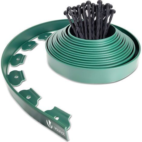 Bordure de Jardin en Plastique 10 mètres avec 30 Piquets d'ancrage Bordurette de Pelouse Flexible Bordure de Gazon avec piquets Solides Idée de Jardin Hauteur 50mm, Epaisseur 4mm Vert Foncé (1/5)