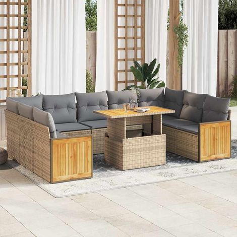 Salon de jardin avec coussins 10pcs beige résine tressée acacia (1/5)