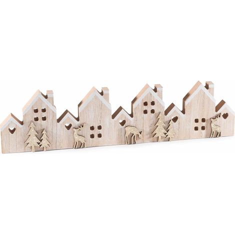 Décorations de Noël village de maisonnettes en bois avec sapins et rennes, lot de 8, 38,5 x 2 x H. 9,5 cm