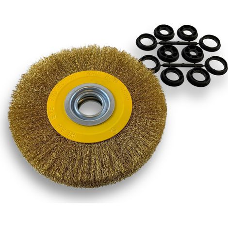 Brosse circulaire LAITON  Ø 200 mm  Epaisseur 2 rangs  Fil dur 0.30 mm ondulé  Alésage 32 mm + réducteur bague 25/22/20/16/12 mm  Touret meuleuse affûteuse ponceuse  Kibros 238202LT