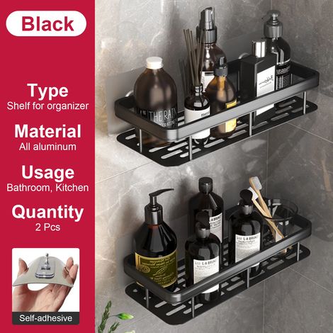 (Lot de 2 pièces noires) Étagère de salle de bain sans perçage, fixation murale, porte-bouteilles de shampoing, étagère d'angle pour douche, étagère de rangement pour toilettes, accessoires de salle d (1/5)