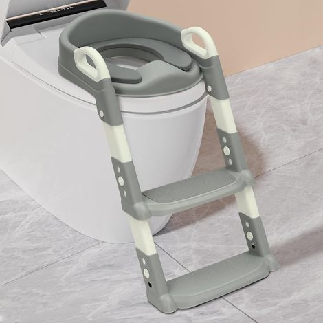 Kinder Toilettensitz mit Treppe abnehmbares PU-Kissen, höhenverstellbar 2–7 Jahre, klappbarer WC Sitz mit Leiter, rutschfest & sicher für V/U/O Toiletten (Grau) (1/5)