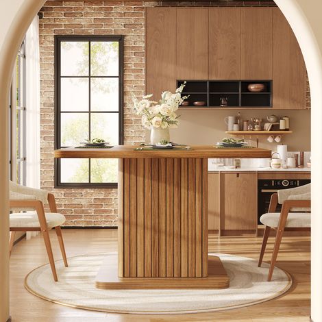 Table à manger carrée 80 x 80 cm avec rangement intégré et façades rainurées, table de cuisine effet bois brun foncé (1/5)
