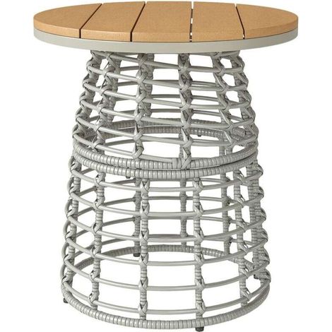 Table basse ronde extérieur en résine aspect rotin & cadre acier, plateau composite gris Ø45×50 cm, résistante aux intempéries, idéale jardin, terrasse et balcon