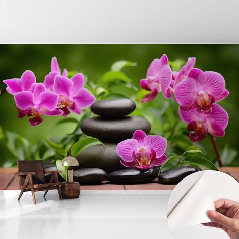 Selbstklebende Tapete - Wanddekoration Wohnzimmer - Tapete Schlafzimmer Orchideen und Steine 416x254 cm (1/5)
