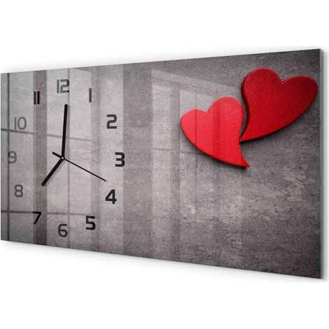 Horloge Murale Panoramique en Verre 60x30 cm Décorative Moderne Salon Cuisine Cœurs rouges (1/5)