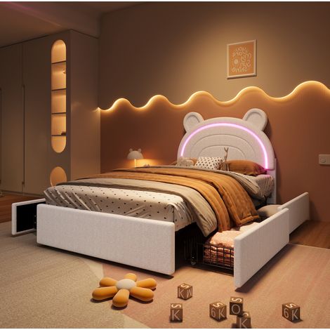 Cama infantil 90x200 cm de terciopelo beige con 4 cajones, sin colchón – MEUBLIV (1/5)