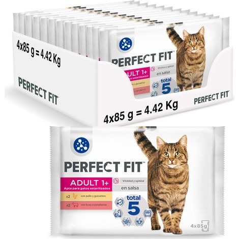 PERFECT FIT Pasta per Gatti per Adulti, Sterilizzati, 52 Sacchetti freschi, Confezione da 13 Confezioni da 4 x 85 g, Pasta per Gatto in Salsa, Pollo/Boof, Ricco e Equilibera - Vitalità e agilità (1/5)