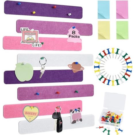 Tableau d'affichage en feutrine autocollante avec punaises, lot de 8, bandes de feutrine, tableau mémo pour photos, tableau d'affichage, décoration murale pour bureau, cuisine, noir, blanc (1/5)