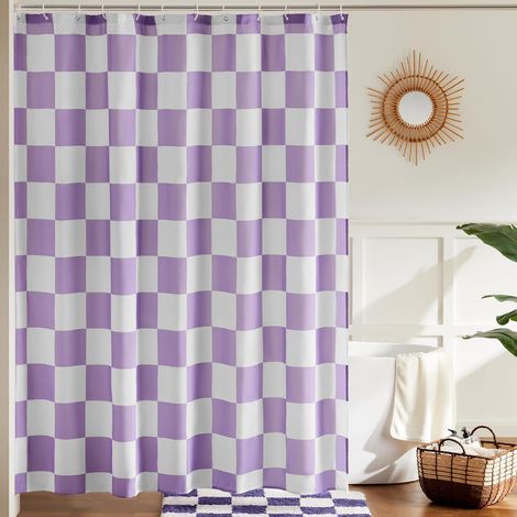 Anti-mold shower curtain – 180×180 cm – vintage check pattern – retro aesthetic – anti-wrinkle and anti-fade – 12 hooks included (purple) (1/5)