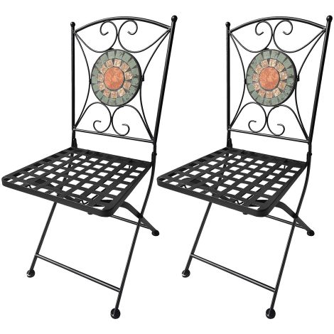 Paire de chaises pliantes Alice en me'tal avec de'corations en mosaique de pierre sur dossier pour jardin