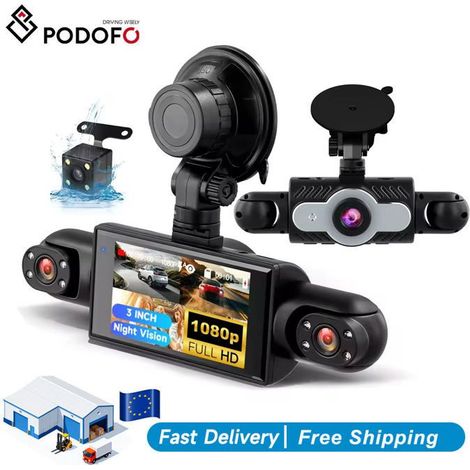 Dashcam Voiture Podofo 4 Caméras 1080P – Écran 3" – Vision Nocturne – Détection de Mouvement – Enregistrement (1/3)