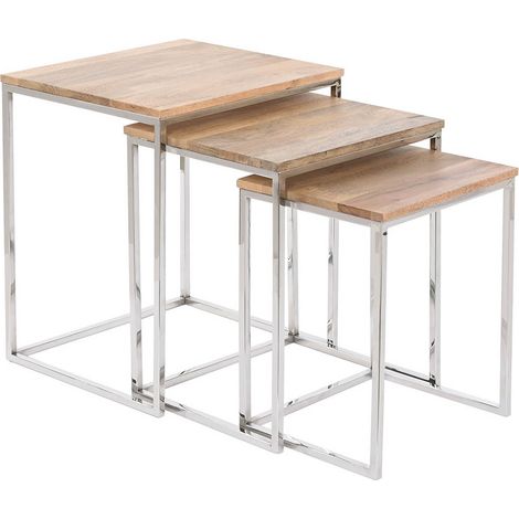 Set de 3 tables d'appoints en bois d'acacia coloris naturel et métal argenté (1/5)
