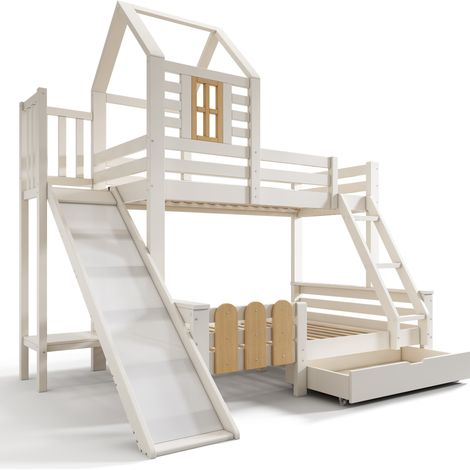 Litera casita con tobogán, escalera y cajón 90x200/140x200 cm, blanco (1/5)