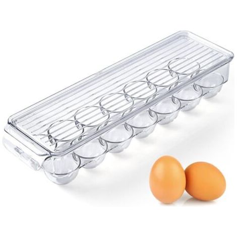 rangement oeuf frigo, récipient de stockage dœufs à 14 compartiments, distributeur dœufs en plastique avec couvercle, porte-œufs transparent empilable pour réfrigérateur, 37 x 11 x 7.5 cm (1/5)
