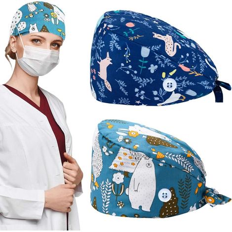 Lot de 2 charlottes chirurgicales à bouton, bonnets de travail pour femmes et infirmières, en coton à motifs animaliers avec capuche anti-poussière (1/5)