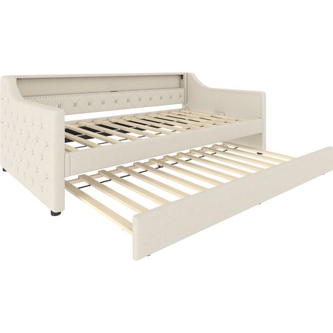 Cama nido 90 x 200 cm de lino beige con somier, LED, USB y cama plegable (1/5)