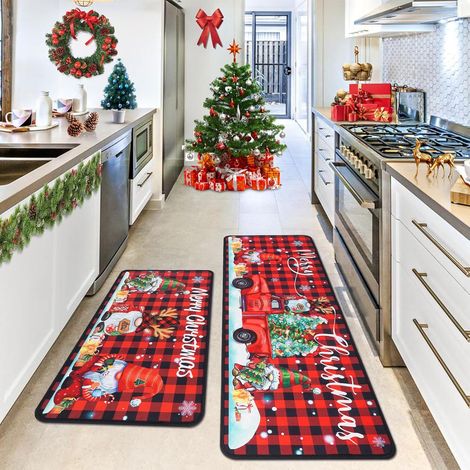 Lot de 2 tapis de cuisine de Noël, motif « Joyeux Noël » – Motif écossais rouge et noir – Décoration de Noël en forme de camion gnome pour sol, salle de bain, salon, entrée 43,2 x 76,2 cm + 43,2 x 119 (1/5)