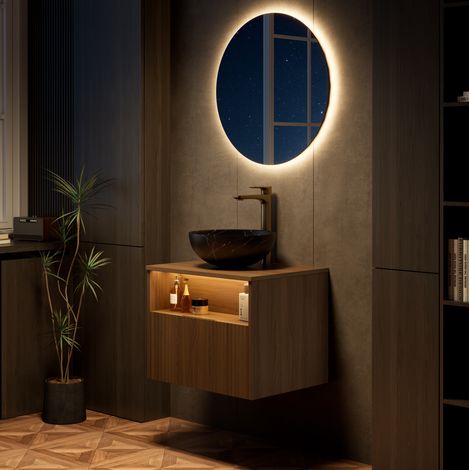 Meuble vasque suspendu 60 cm avec lavabo céramique noir et finition chêne (1/5)